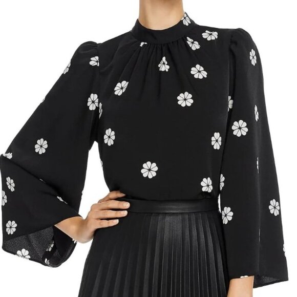 Kate Spade Blouse Womens Black Mock Neck Floral Puff Bell Sleeve Crepe Top - Picture 1 of 8